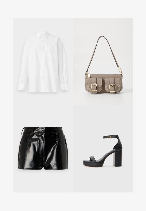 White long-sleeve shirt made of cotton, featuring a classic collar, button closure, and a single breast pocket on the left side.; Black, glossy shorts made of synthetic material. Features a fitted waist, belt loops, and front pockets with prominent stitching details.; Black platform sandals with a thick block heel, smooth leather material, open toe design, and an ankle strap featuring a gold buckle accent.; Beige textured handbag with adjustable strap, two front pockets secured by buckles, and gold hardware accents. Zipper closure at the top.