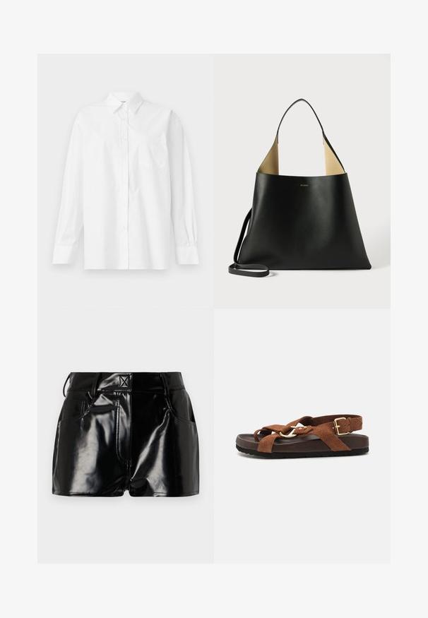 Vit långärmad skjorta i bomull, med klassisk krage, knapplåsning och en bröstficka på vänster sida.; Svart, glänsande shorts i syntetmaterial. Har en åtsittande midja, bältesöggor och framfickor med framträdande sömnadsdetaljer.; Sœur MEXICO - Sandaler - rouille; Svart läder tote väska med en rymlig, vinklad design. Har en kontrasterande tan interiör och en tunn axelrem. Minimalistisk märkning syns.