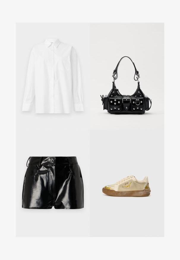 Chemise blanche à manches longues en coton, avec un col classique, un fermeture à boutons et une poche poitrine simple du côté gauche.; Shorts noirs et brillants en matériau synthétique. Présentent une taille ajustée, des passants de ceinture et des poches avant avec des détails de couture prononcés.; Baskets beiges en suede et caoutchouc. Présentent un motif incurvé blanc et doré au niveau de l'orteil et sur le côté. Bout arrondi et design à lacets.; Sac à main en cuir noir au design courbé, avec des clous en argent, une boucle et deux poches latérales. Bandoulière réglable pour différentes options de transport.