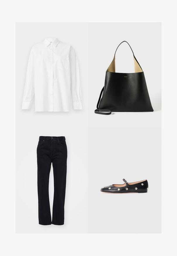 Bjela košulja dugih rukava od pamuka, s klasičnom kragnom, dugmadi na prednjem dijelu i jednim džepom na lijevoj strani.; Crne traperice od denima ravnog kroja, s klasičnim dizajnom s pet džepova i prednjim zatvaranjem na dugme. Čista, teksturirana tkanina.; Crne kožne Mary Jane balerinke s zaobljenim vrhom, koje sadrže srebrne kružne zakovice i podesivu traku s kopčom.; Crna kožna torba s prostranim, kutnim dizajnom. Ima unutrašnjost u kontrastnoj tamnocrvenoj boji i tanke naramenice. Prikazano minimalističko brendiranje.