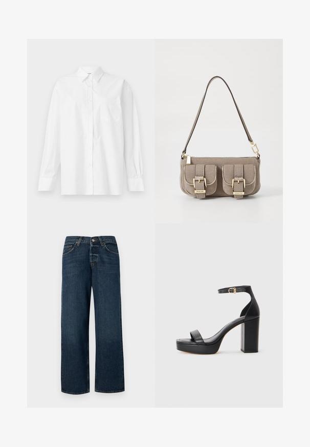 Camisa blanca de manga larga hecha de algodón, con un cuello clásico, cierre de botones y un bolsillo en el pecho del lado izquierdo.; Jeans de mezclilla de color azul oscuro con corte recto, cinco bolsillos y herrajes de metal. Presentan un ligero desgastado y un dobladillo limpio.; Sandalias de plataforma negras con un grueso tacón cuadrado, material de cuero suave, diseño de puntera abierta y una correa para el tobillo con un acento de hebilla dorada.; Bolso de mano texturizado en color beige con correa ajustable, dos bolsillos frontales asegurados por hebillas y acentos en dorado. Cierre con cremallera en la parte superior.