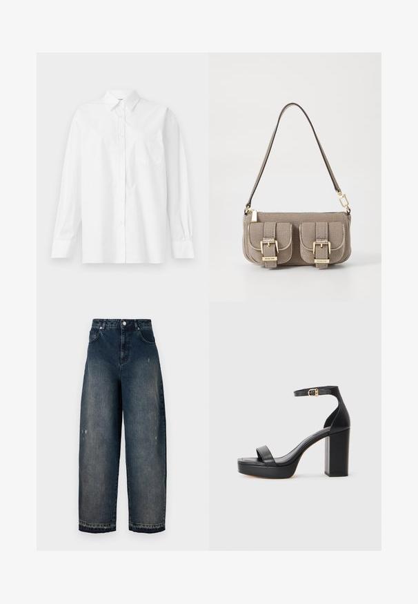 Cămașă albă cu mâneci lungi din bumbac, având un guler clasic, închidere cu butoane și un singur buzunar pe partea stângă.; Jeans din denim închise la culoare, cu picioare largi și talie înaltă, cinci buzunare, cusături vizibile și ușoare uzuri pe față. Închidere clasică cu buton și fermoar.; Sandale cu platformă negre, cu toc gros, din material din piele netedă, cu vârf deschis și un sistem de prindere la gleznă cu un accent de cataramă aurie.; Geantă bej texturată, cu curea ajustabilă, două buzunare frontale asigurate cu catarame și accente din metal aurit. Închidere cu fermoar în partea de sus.