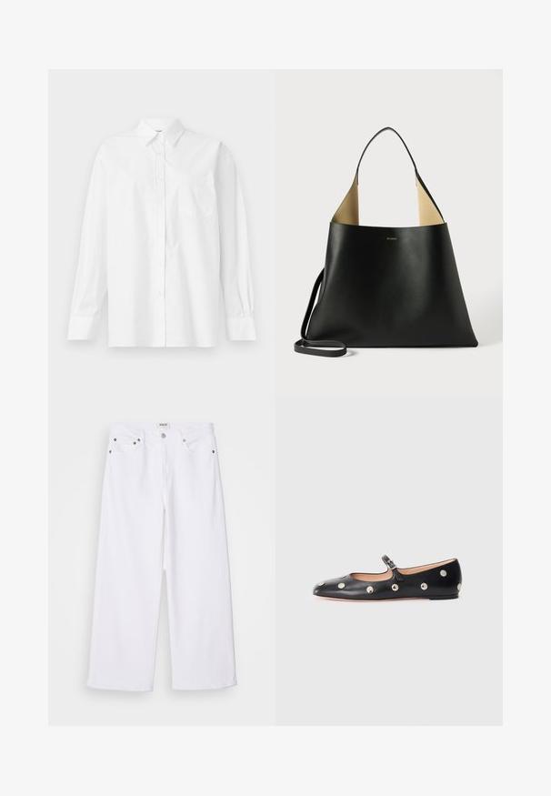 Biała koszula z długim rękawem wykonana z bawełny, z klasycznym kołnierzykiem, zapięciem na guziki i pojedynczą kieszenią na piersi po lewej stronie.; Białe dżinsy z szerokimi nogawkami, wykonane z denimu, z pięcioma kieszeniami, metalowymi detalami oraz wysokim stanem, z czystym wykończeniem u dołu.; Czarne skórzane buty typu Mary Jane na płaskim obcasie z zaokrąglonym czubkiem, ozdobione srebrnymi okrągłymi ćwiekami oraz regulowanym paskiem z klamrą.; Czarna skórzana torba na ramię o przestronnym, kanciastym kształcie. Wyposażona w kontrastowe, jasnobrązowe wnętrze i cienki pasek na ramię. Minimalistyczne logo.
