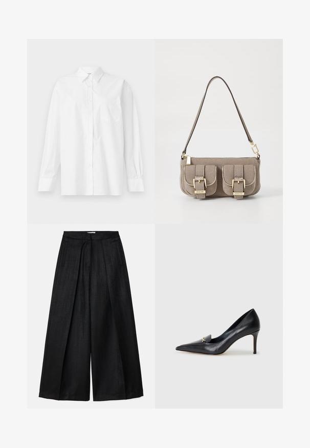 Bjela košulja dugih rukava od pamuka, s klasičnom kragnom, dugmadi na prednjem dijelu i jednim džepom na lijevoj strani.; Crne široke hlače s glatkom teksturom, visokog struka, s naborima i bočnim džepovima. Nema vidljivih detalja za zatvaranje.; Crne kožne štikle s oštrim vrhom, niskim dekolteom i dekorativnim zlatnim naglaskom. Imaju štiklu i glatku teksturu.; Bež torbica teksture s podesivim remenom, dva prednja džepa osigurana kopčama i detaljima od zlata. Zatvaranje na zipu na vrhu.