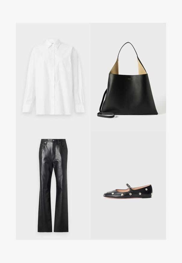 Fehér, hosszú ujjú pamut ing klasszikus gallérral, gombos záródással és egyetlen zsebbel a bal oldalon.; Fekete bőrnadrág sima textúrával, harangszár kialakítással, elülső cipzárral és övbújtatókkal. Diszkrét varrási díszítéssel rendelkezik.; Fekete bőr Mary Jane lapossarkú cipő, lekerekített orral, ezüst színű kör alakú szegecsekkel és állítható pánttal, csattal.; Fekete bőr bevásárlótáska tágas, szögletes kialakítással. Kontrasztos barna belső tér és vékony vállpánt jellemzi. Minimalista márkázás látható.