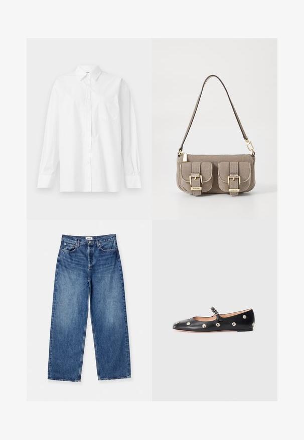 Camisa blanca de manga larga hecha de algodón, con un cuello clásico, cierre de botones y un bolsillo en el pecho del lado izquierdo.; Jeans de mezclilla de pierna ancha en un tono azul claro, que presentan un diseño clásico de cinco bolsillos, costuras visibles y una cintura de altura media.; Zapato plano tipo Mary Jane de cuero negro con punta redonda, adornado con tachuelas circulares plateadas y una correa ajustable con hebilla.; Bolso de mano texturizado en color beige con correa ajustable, dos bolsillos frontales asegurados por hebillas y acentos en dorado. Cierre con cremallera en la parte superior.