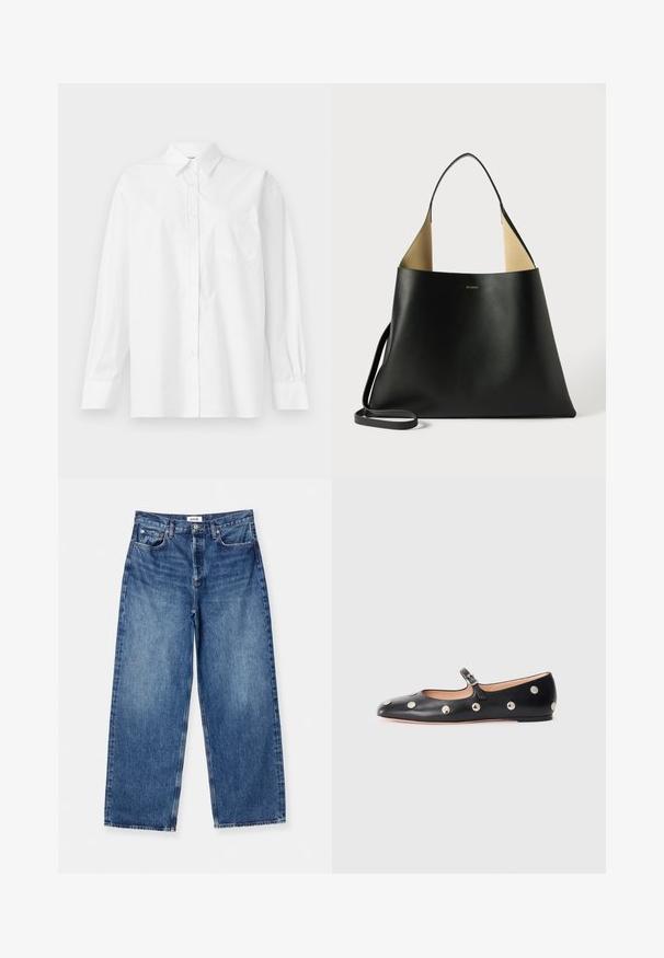 Biała koszula z długim rękawem wykonana z bawełny, z klasycznym kołnierzykiem, zapięciem na guziki i pojedynczą kieszenią na piersi po lewej stronie.; Jasnoniebieskie dżinsy o szerokich nogawkach, wykonane z denimu, z klasycznym pięciopocketowym wzorem, widocznym przeszyciem i średnim stanem.; Czarne skórzane buty typu Mary Jane na płaskim obcasie z zaokrąglonym czubkiem, ozdobione srebrnymi okrągłymi ćwiekami oraz regulowanym paskiem z klamrą.; Czarna skórzana torba na ramię o przestronnym, kanciastym kształcie. Wyposażona w kontrastowe, jasnobrązowe wnętrze i cienki pasek na ramię. Minimalistyczne logo.