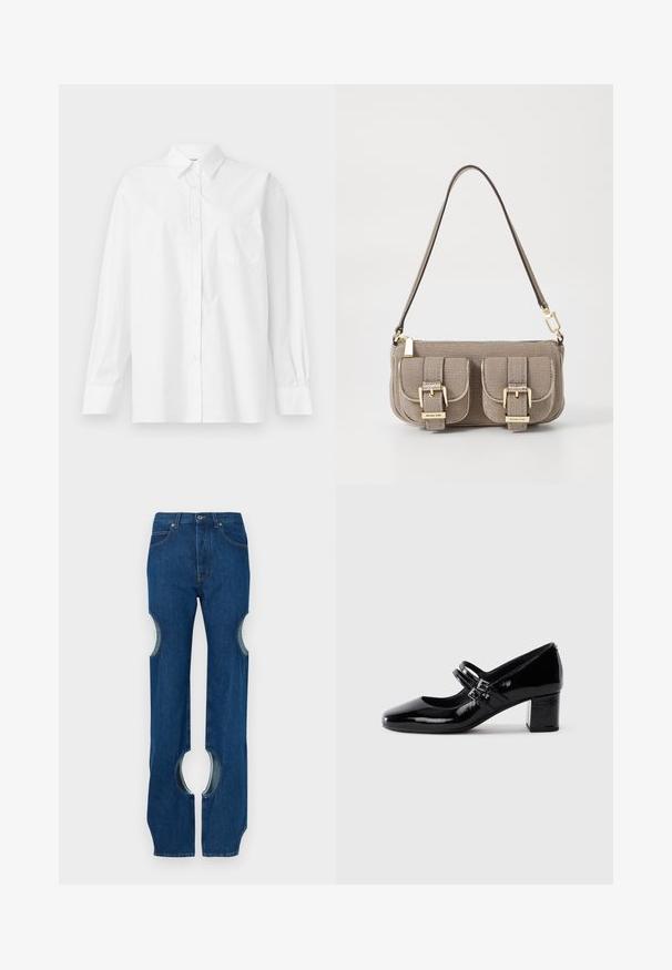 Bílá košile s dlouhým rukávem vyrobená z bavlny, s klasickým límečkem, zapínáním na knoflíky a jednou náprsní kapsou na levé straně.; Tmavě modré džíny z denimu s vykrojenými detaily na vnějších stehnech, rovný střih nohavic a kontrastní šití podél švů.; Černá lakovaná Mary Jane bota s dvěma sponovými pásky a nízkým blokovým podpatkem na bílém pozadí.; Béžová texturovaná kabelka s nastavitelným popruhem, dvěma předními kapsami uzamčenými sponami a zlatými akcenty. Uzavření na zip nahoře.