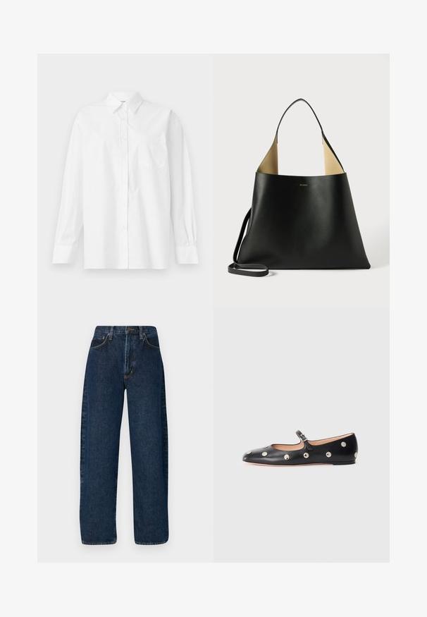 Fehér, hosszú ujjú pamut ing klasszikus gallérral, gombos záródással és egyetlen zsebbel a bal oldalon.; Magas derekú, széles szárú kék farmernadrág, klasszikus öt zsebes stílussal és kontrasztos varrással az illesztések mentén.; Fekete bőr Mary Jane lapossarkú cipő, lekerekített orral, ezüst színű kör alakú szegecsekkel és állítható pánttal, csattal.; Fekete bőr bevásárlótáska tágas, szögletes kialakítással. Kontrasztos barna belső tér és vékony vállpánt jellemzi. Minimalista márkázás látható.