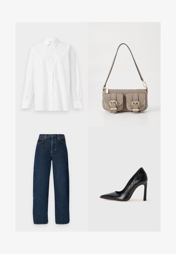 White long-sleeve shirt made of cotton, featuring a classic collar, button closure, and a single breast pocket on the left side.; Wide-leg blue denim jeans with a high waist, featuring classic five-pocket styling and contrasted stitching along the seams.; Black pointed-toe high heel shoe with a crocodile-skin texture, featuring a sleek design, high stiletto heel, and smooth black interior.; Beige textured handbag with adjustable strap, two front pockets secured by buckles, and gold hardware accents. Zipper closure at the top.