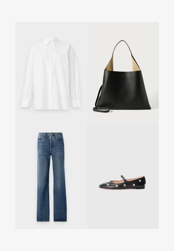 Vit långärmad skjorta i bomull, med klassisk krage, knapplåsning och en bröstficka på vänster sida.; Blå denimjeans med rak ben-design, som har fem fickor, knappstängning och ljusa blekningseffekter med subtila slitningar.; Svart läder Mary Jane lägenhetssko med rund tå, prydd med silverfärgade cirkulära nitar och ett justerbart band med spänne.; Svart läder tote väska med en rymlig, vinklad design. Har en kontrasterande tan interiör och en tunn axelrem. Minimalistisk märkning syns.