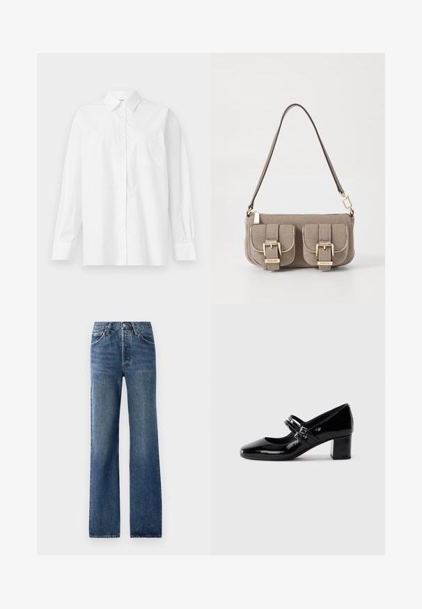 Camisa branca de manga longa feita de algodão, com colarinho clássico, fecho de botão e um único bolso no lado esquerdo.; Calças de ganga azuis com um design de perna reta, apresentando cinco bolsos, fecho de botão e efeitos de desbotamento ligeiro com rugas subtis.; Sapato Mary Jane de couro envernizado preto com duas tiras de fivela e um salto bloco baixo, sobre um fundo branco.; Bolsa de mão texturizada bege com alça ajustável, dois bolsos frontais fechados por fivelas e detalhes em metal dourado. Fecho em zíper na parte superior.