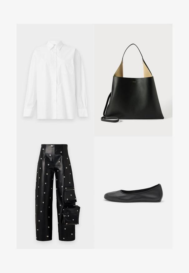 Chemise blanche à manches longues en coton, avec un col classique, un fermeture à boutons et une poche poitrine simple du côté gauche.; A.W.A.K.E. MODE COVERED TROUSER WITH SNAP ON POCKETS - Pantalon classique - black; Ballerines en cuir noir avec un bout rond, texture lisse, détails de couture minimalistes et design de semelle flexible.; Sac fourre-tout en cuir noir avec un design spacieux et angulaire. Dispose d'un intérieur tan en contraste et d'une fine bandoulière. Marque minimaliste affichée.