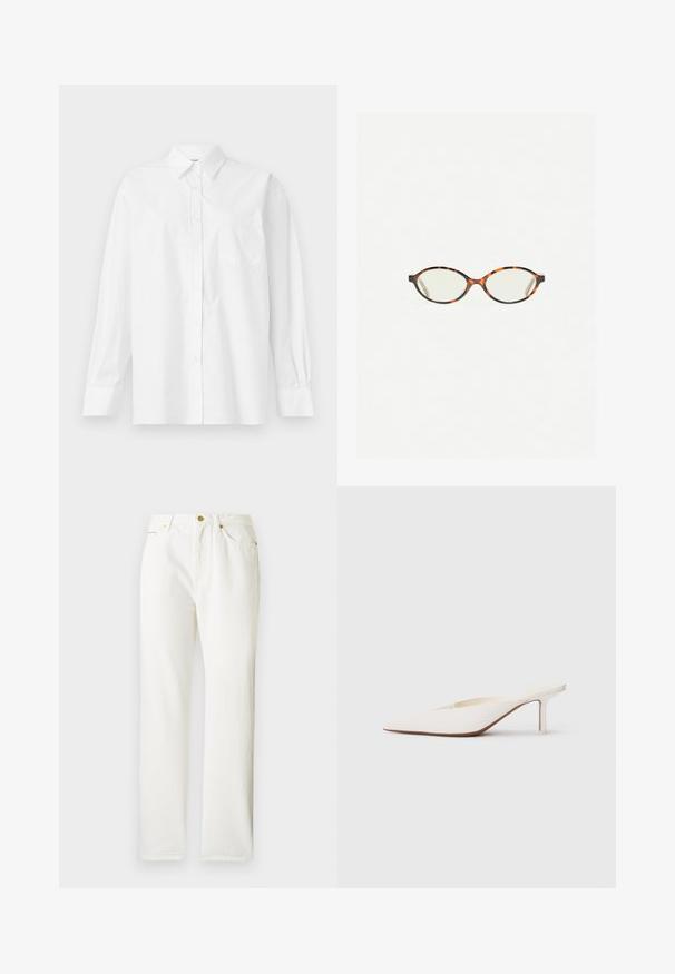 Biała koszula z długim rękawem wykonana z bawełny, z klasycznym kołnierzykiem, zapięciem na guziki i pojedynczą kieszenią na piersi po lewej stronie.; Białe dżinsy z prostymi nogawkami, z zapięciem na guziki z przodu i subtelną fakturą. Posiada boczne kieszenie i minimalną ilość okuć.; Białe mule z ostrym noskiem i niskim obcasem w kształcie słupka. Wykonane z gładkiego materiału o minimalistycznym designie i subtelnym brązowym detalem na podeszwie.; Okulary w kolorze tortoiseshell z owalnymi soczewkami i gładkim, eleganckim wykończeniem. Posiadają cienkie boki z delikatnym łukiem w okolicy skroni. Przezroczyste soczewki.