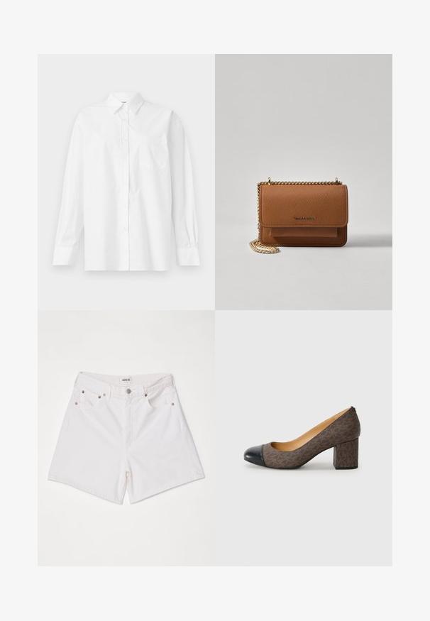 Bílá košile s dlouhým rukávem vyrobená z bavlny, s klasickým límečkem, zapínáním na knoflíky a jednou náprsní kapsou na levé straně.; Agolde STELLA - Džínové kraťasy - fortune cookie; Hnědé vzorované lodičky na vysokém podpatku s kulatou černou špičkou a blokovým podpatkem, s hladkým koženým vzhledem.; Hnědá texturovaná kožená kabelka přes rameno se zlatým řetízkovým popruhem a klopnovým uzavíráním. Přední strana obsahuje detail loga a kapsu pod klopou.