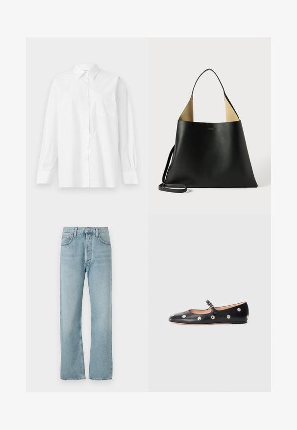 Balta garām piedurknēm krekls, izgatavots no kokvilnas, ar klasisku apkakli, pogu aizdari un vienu krūšu kabatu kreisajā pusē.; Gaiši zili džinsi ar augstu vidukli, taisnās kāju dizainu un vieglu izbalējumu. Iezīmē klasisku metāla pogu un piecu kabatu stilu.; Melna ādas Mary Jane līdzena zābaku ar noapaļotu purngalu, kurā ir sudraba apaļie kniedes un regulējama siksniņa ar sprādzi.; Melnas ādas toņu soma ar plašu, stūrveida dizainu. Iekšpusē kontrastējoša brūna krāsa un plāns plecu siksna. Minimālistiska zīmola identitāte.