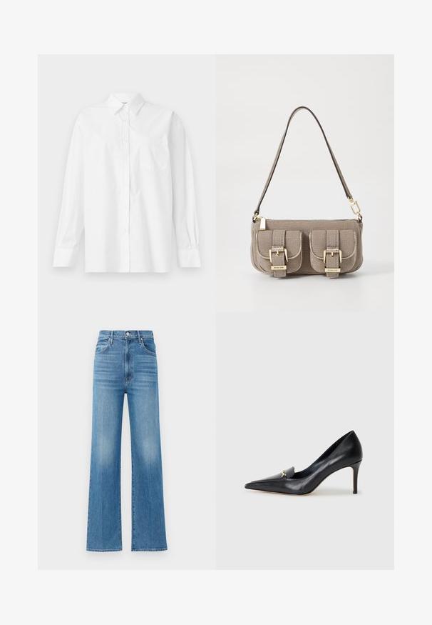 Valge pika varrukaga särk, mis on valmistatud puuvillast, klassikalise krae, nööbiga kinnituse ja vasakul küljel oleva ühe rinnataskuga.; Heledad sinised laiad teksad, mis on valmistatud denimist ja millel on kõrge talje. Omab nööbiga ja tõmblukuga sulgemist ning õrnalt pleekinud mustrit kangas.; Mustmust musta kinga terava nina, madala lõikega vamp ja dekoratiivne kuldne aksessuaar. Omab stilettokandikut ja sileda tekstuuri.; Beez tekstuuriga käekott reguleeritava rihmaga, kahe esikoti ja lukuga, mis on kindlustatud pandlatega, ning kuldsete detailidega. Ülemine luku sulgemine.