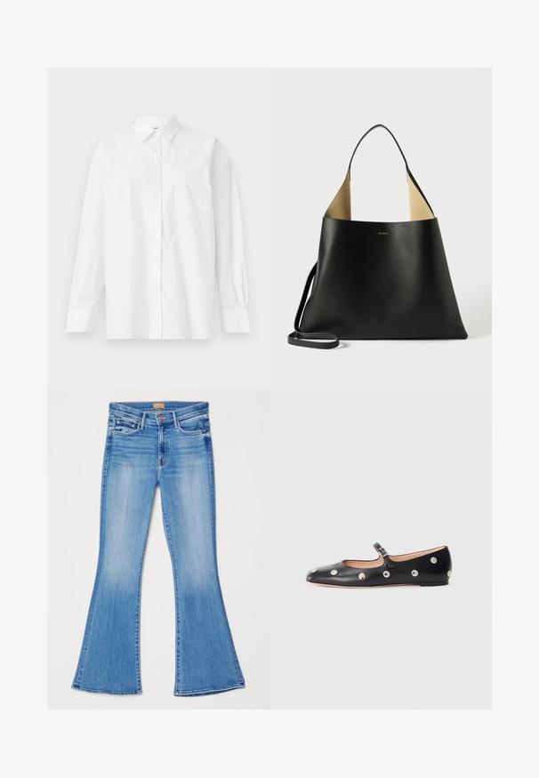 Cămașă albă cu mâneci lungi din bumbac, având un guler clasic, închidere cu butoane și un singur buzunar pe partea stângă.; Jeans din denim bleu deschis, cu o croială evazată și talie înaltă, cu cinci buzunare și cusături de contrast. Prezintă o textură netedă și moale.; Pantofii Mary Jane din piele neagră, cu vârful rotund, decorati cu nasturi circulari argintii și o curea ajustabilă cu cataramă.; Geantă tote din piele neagră, cu un design spațios și unghiular. Dispune de un interior contrastant bej și o curea subțire pentru umăr. Branding minimalist afișat.