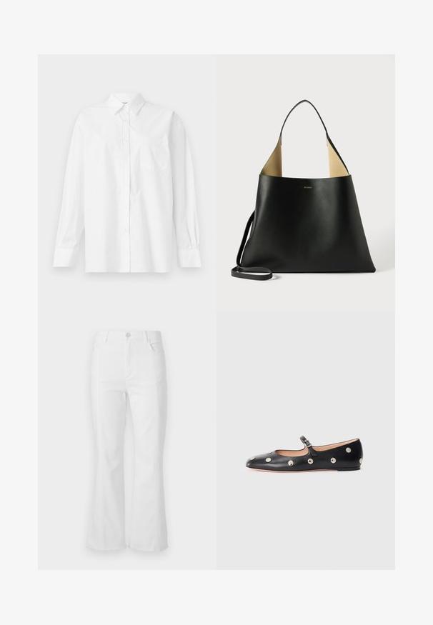 Camisa blanca de manga larga hecha de algodón, con un cuello clásico, cierre de botones y un bolsillo en el pecho del lado izquierdo.; Vaqueros blancos de campana con cintura alta, bolsillos delanteros y dobladillo sin rematar. Hechos de denim con una textura suave y detalles de costura mínimos.; Zapato plano tipo Mary Jane de cuero negro con punta redonda, adornado con tachuelas circulares plateadas y una correa ajustable con hebilla.; Bolso tote de cuero negro con un diseño espacioso y angular. Presenta un interior en contraste en color marrón claro y una fina correa para el hombro. Marca minimalista exhibida.