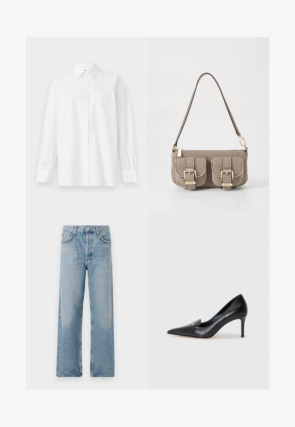 Camisa blanca de manga larga hecha de algodón, con un cuello clásico, cierre de botones y un bolsillo en el pecho del lado izquierdo.; Pantalones vaqueros de denim azul claro con cintura alta, corte de pierna ancha y diseño de cinco bolsillos. Cuenta con un cierre de botón y un desgastado sutil.; Zapato de piel negra con punta afilada, escote bajo y un detalle decorativo dorado. Cuenta con un tacón de aguja y textura suave.; Bolso de mano texturizado en color beige con correa ajustable, dos bolsillos frontales asegurados por hebillas y acentos en dorado. Cierre con cremallera en la parte superior.