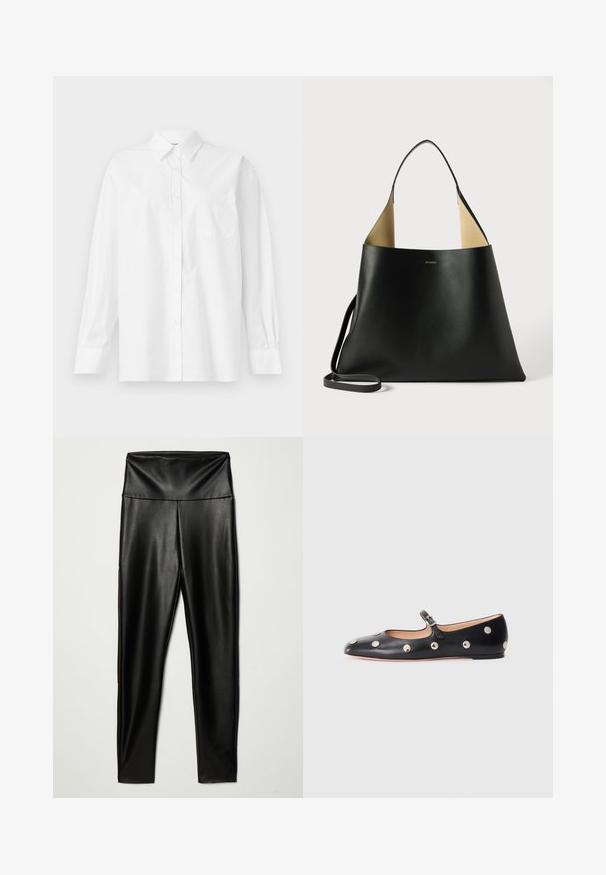Cămașă albă cu mâneci lungi din bumbac, având un guler clasic, închidere cu butoane și un singur buzunar pe partea stângă.; Leggings negre din piele artificială cu talie înaltă, având o textură netedă și o siluetă ajustată, care se extind până la gleznă.; Pantofii Mary Jane din piele neagră, cu vârful rotund, decorati cu nasturi circulari argintii și o curea ajustabilă cu cataramă.; Geantă tote din piele neagră, cu un design spațios și unghiular. Dispune de un interior contrastant bej și o curea subțire pentru umăr. Branding minimalist afișat.