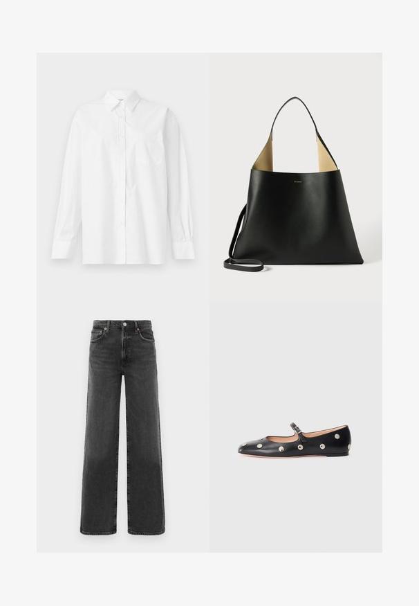 White long-sleeve shirt made of cotton, featuring a classic collar, button closure, and a single breast pocket on the left side.; Black high-waist straight-leg denim jeans with front button and zipper, two front pockets, and two back pockets.; Black leather Mary Jane flat shoe with a rounded toe, featuring silver circular studs and an adjustable strap with a buckle.; Black leather tote bag with a spacious, angular design. Features a contrast tan interior and thin shoulder strap. Minimalist branding displayed.