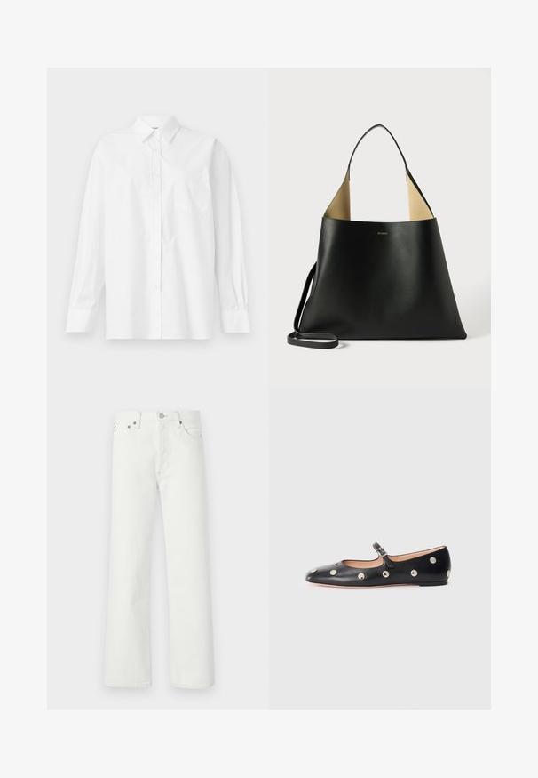 Witte langslavige shirt gemaakt van katoen, met een klassieke kraag, knoopsluiting en een enkele borstzak aan de linkerkant.; Witte spijkerbroeken van denim met een rechte pijp, een vijf-pocketontwerp en metalen hardwareaccenten op de tailleband en zakken.; Zwarte leren Mary Jane ballerina met een ronde neus, voorzien van zilveren ronde studs en een verstelbaar bandje met een gesp.; Zwarte leren handtas met een ruime, hoekige vormgeving. Voorzien van een contrasterende tan binnenkant en een dunne schouderband. Minimalistische branding weergegeven.