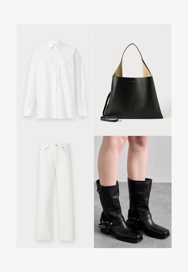 Valge pika varrukaga särk, mis on valmistatud puuvillast, klassikalise krae, nööbiga kinnituse ja vasakul küljel oleva ühe rinnataskuga.; Valged jeanid sirge jala lõikega, viie tasku kujundusega ning metallist detailidega vööl ja taskutel.; Mustad mustad kõrge teksad mustast nahast ruudukujulise varbaga, külgrihmaga ja reguleeritava rihmaga, millel on metallketi aksent. Mati viimistlus ja tugev tald.; Must lilla nahkakott, millel on avar ja nurgaine disain. Omab kontrastset pruuni sisekujundust ja õhukest õlavarre rihma. Minimalistlik brändimine.