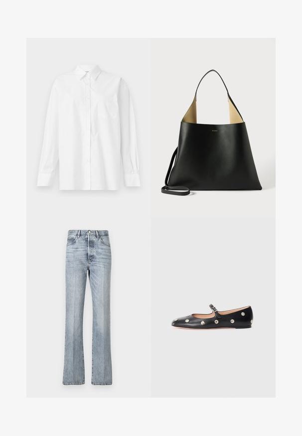 White long-sleeve shirt made of cotton, featuring a classic collar, button closure, and a single breast pocket on the left side.; Light blue denim jeans with a flared leg design, high waist, front pockets, and subtle fading. Standard button and zip closure.; Black leather Mary Jane flat shoe with a rounded toe, featuring silver circular studs and an adjustable strap with a buckle.; Black leather tote bag with a spacious, angular design. Features a contrast tan interior and thin shoulder strap. Minimalist branding displayed.