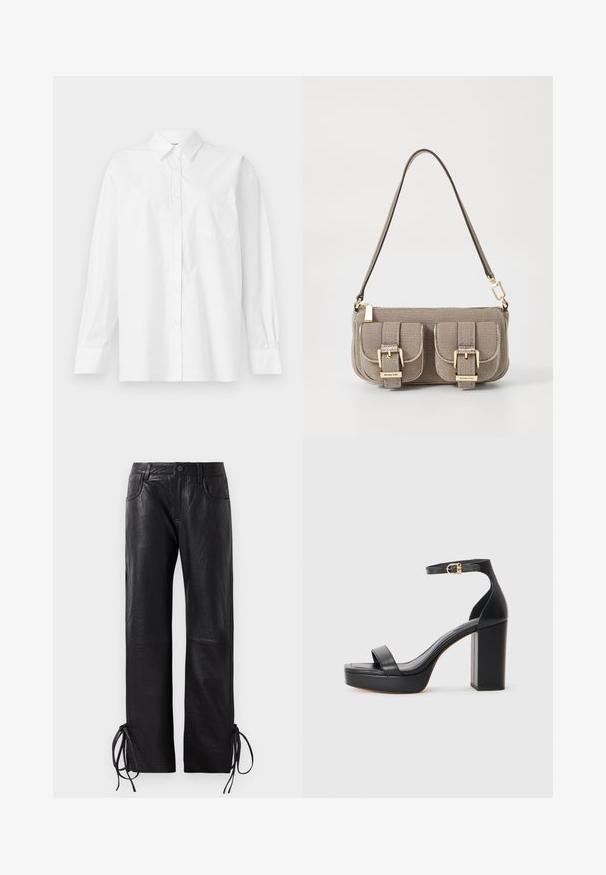 White long-sleeve shirt made of cotton, featuring a classic collar, button closure, and a single breast pocket on the left side.; Black leather trousers featuring a slightly textured finish, straight-leg cut, and adjustable laces at the hem for customizable fit.; Black platform sandals with a thick block heel, smooth leather material, open toe design, and an ankle strap featuring a gold buckle accent.; Beige textured handbag with adjustable strap, two front pockets secured by buckles, and gold hardware accents. Zipper closure at the top.