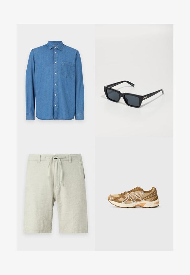 Denimová košeľa, svetlomodrá, s dlhými rukávmi, zapínanie na gombíky vpredu, golier, jedna náprsní vrecko, rovný lem, jemná textúra, ležérny dizajn.; Dvoje tričiek od GAP; jedno tmavomodré s bielym logom "GAP", druhé biele s tmavozeleným logom "GAP". Vyrobené z bavlny, s dizajnom okrúhleho výstrihu.; Svetlošedé ľanové šortky s elastickým pásom na stiahnutie, bočnými vreckami a voľným strihom. Textúrovaná tkanina s jemným leskom.; Svetlohnedá športová obuv s vrchnou časťou z textilného materiálu, syntetickými prekrytiami a polstrovanou podrážkou. Obsahuje reflexné logo na boku a systém šnurovania.; Čierne slnečné okuliare v tvare štvorca s tmavými sklá, s hrubými plastovými rámami a kovovým akcentom na spánkoch. Rovný dizajn a hladká textúra.