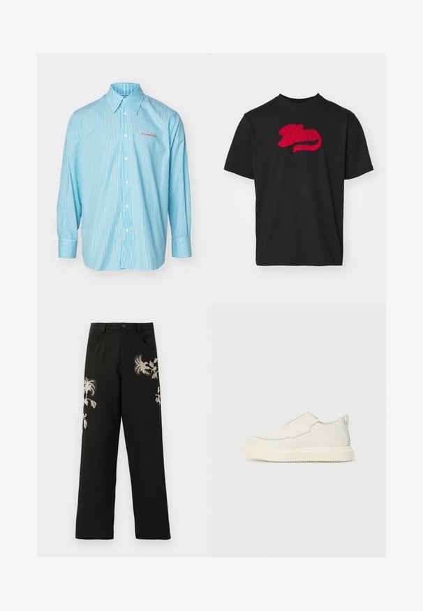 Camisa de manga larga azul claro con estrechas rayas blancas, cuello abotonado y un bordado rojo de "BLUEMARBLE" en el lado izquierdo.; Camiseta de algodón negra con cuello redondo, que presenta un logo bordado en rojo de "Blue Marble" en un diseño curvado en la parte frontal.; Pantalones de pierna ancha negros con bordado floral en tonos crema. Presenta bolsillos frontales y un cierre de botón, confeccionados en una tela suave.; Zapatilla blanca sin cordones con un acabado texturizado, que presenta una punta redondeada y una suela de goma gruesa. Costuras ligeras acentúan el diseño.