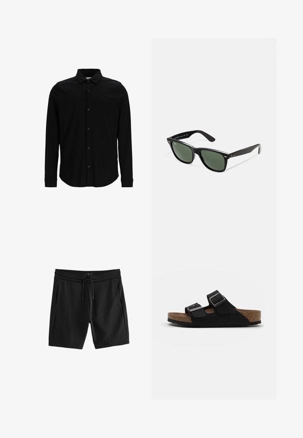 Mustast pikast varrukast särgist, mis on valmistatud siledast kangast, nupuga ees, krae ja õrnalt tikitud logoga rinnal.; Mustad must shorts, mis on valmistatud pehmest puuvillasegust, elastse vöökoha ja paelaga, ning kahest küljetaskust.; Mustad nubukist sandaalid, millel on kaks reguleeritavat rihma, hõbedased pandlad ja korgist sisetald. Omab musta tekstuuriga tallat, mis tagab haarde.; Mustad mustan plastiku prillid roheliste läätsedega, ruudukujulised raamid, hõbedane aksent kulmude peal ja tekstuuriga tempelkäed. Brändi nimi on märgitud sisevarrele.