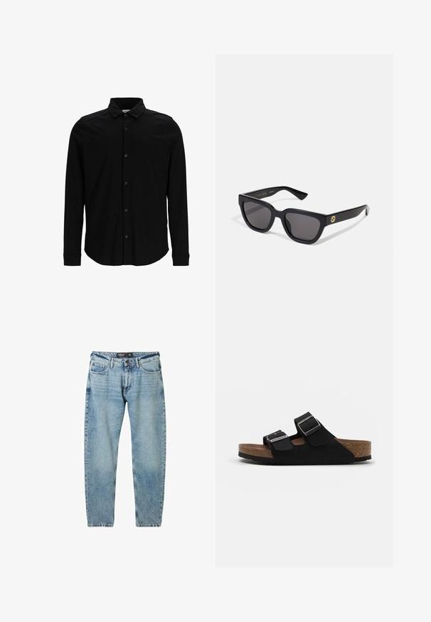 Camisa negra de manga larga hecha de una tela suave, con frente abotonado, cuello y un discreto logo bordado en el pecho.; Vaqueros de denim azul claro con un corte holgado, diseño de cinco bolsillos y costuras en contraste. Cuenta con un cierre de botón y un corte recto.; Sandalias de ante negro con dos correas ajustables, hebillas de plata y una plantilla de corcho. Cuenta con una suela negra texturizada para mayor agarre.; Gafas de sol rectangulares negras con acabado brillante, lentes oscuros y detalle en dorado en las patillas con el logotipo.