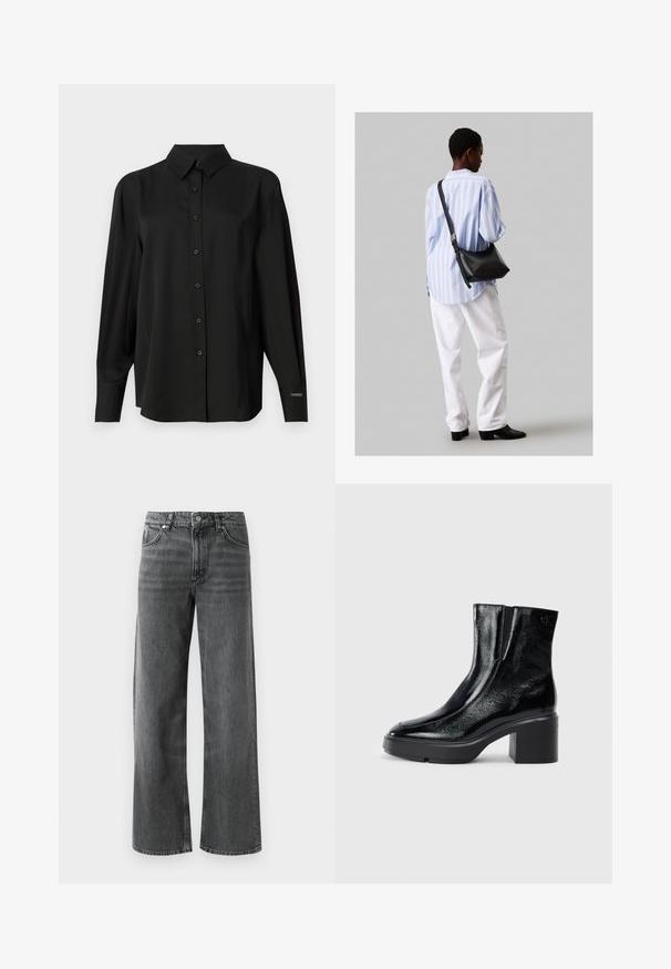 Čierna košeľa s gombíkmi vyrobená z hladkej látky, s klasickým golierom, dlhými rukávmi a prispôsobeným strihom s jemnými detailmi na pleciach.; Široké čierne denimové džínsy s mierne vyblednutým povrchom, obsahujúce päť vreciek a zapínanie na gombík. Kontrastné stehy zvýrazňujú dizajn.; Čierne lakované členkové topánky s zakrivenou špičkou, elastickými bočnými panelmi a masívnym blokovým opätkom. S embosovaným logom na zadnej strane.; Čierna kožená ramenná taška so mäkkou textúrou, trojuholníkovým tvarom a nastaviteľným popruhom, skombinovaná s svetlomodrou pruhovanou košeľou a bielymi nohavicami.