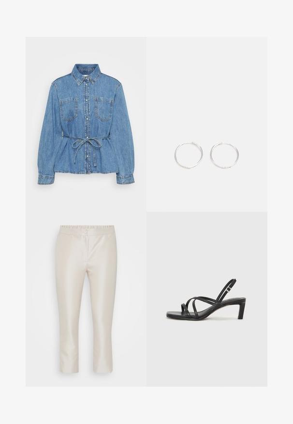 Šviesiai mėlynas džinsinis marškinis su apykakle, ilgomis rankovėmis ir dviem krūtinės kišenėmis. Yra juostos diržas liemeniui ir mygtukų užsegimas priekyje.; Šviesiai kreminės spalvos trumpi kelnių šortai su lygia satino apdaila, turintys surinktą elastinį juosmenį ir priekinį mygtuką.; Juodi šlepetės su kvadratiniu pirštu ir žemu bloku kulnu. Yra keli ploni dirželiai ir reguliuojamas kulkšnies diržas. Pagaminti iš lygios odos.; Sidabrinės auskarai žiedai su sėslia, apvalia forma, pasižymintys lygia paviršiumi ir be matomų puošmenų. Svoris nenurodytas.