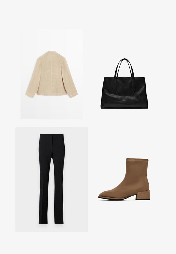 Veste beige à manches longues avec col montant, couture verticale visible et un tissu légèrement texturé, vue de dos.; Pantalon noir à coupe ajustée, jambes droites et texture lisse. Comprend une taille standard et un pli marqué à l'avant.; Bottines marron en matériau lisse avec un bout pointu et un petit talon épais. Présente un détail de couture propre.; Sac fourre-tout en cuir noir avec deux poignées allongées, une forme structurée, une texture lisse et un design minimaliste. Aucun matériel ou accent visible.