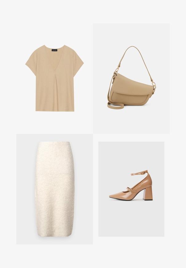 Béžový top s výstřihem do V a krátkými rukávy. Lehká, texturovaná látka se středním skladem. Jednoduchý, uvolněný design.; Sukně do délky kolen v krémové barvě, vyrobená z texturované tkaniny, s přiléhavým střihem, hladkým páskem a bez viditelných zapínání.; Béžové lakované kožené lodičky na vysokém podpatku s špičatou špičkou, s páskem kolem kotníku a silným čtvercovým podpatkem. Hladký povrch s lesklým finišem.; Even&Odd Kabelka - beige