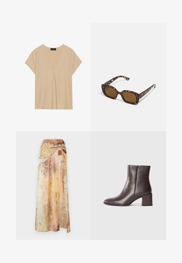 Beige top met een V-hals en korte mouwen. Lichtgewicht, textuurstof met centrale plooidetails. Eenvoudig, ontspannen ontwerp.; Lange, gedrapeerde rok gemaakt van gelaagd, gestructureerd stof in warme tinten van geel, oranje en bruin. Heeft een decoratieve kralenriem.; Bruine leren enkelboot met een elegant ontwerp, spitse neus en vierkante blokhak. Gladde textuur en minimalistische silhouet.; Tortoiseshell zonnebril met een ronde, stevige montuur en bruine lenzen. Heeft subtiele patronen en rechte, taps toelopende veren.