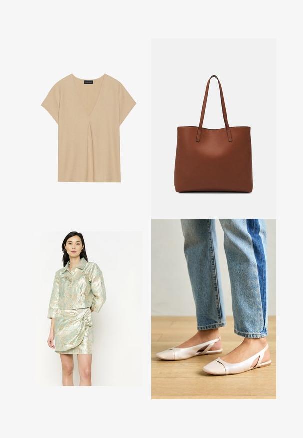 Béžový top s V-výstrihom a krátkymi rukávmi. Ľahká, textúrovaná látka so stredným záhybom. Jednoduchý, voľný dizajn.; Skraťená bunda a sukňa v mini strihu z iridiscenčnej mätovej látky so zlatými akcentmi, s golierom a prekrúteným detailom na sukni.; Svetloružové slingback baleríny s jemne špicatou špičkou, vyrobené z hladkého materiálu pripomínajúceho kožu. Majú výrezové detaily na stranách a plochý opätok.; Hnedá kožená taška na rameno s hladkou textúrou, otvoreným vrchom a dvoma ramenými popruhmi. Má minimálne šitia a žiadne viditeľné kovania.