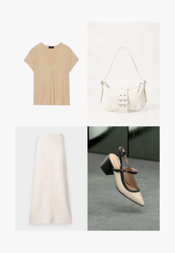 Beige színű, V kivágású, rövid ujjú felső. Könnyű, texturált anyag középső pliszével. Egyszerű, laza kivitel.; Térd alatt végződő krém színű törölközőszoknya, textúrált anyagból készült, bordázott derékrésszel és laza, légies szabással.; Beige, hegyes orrú, pántos cipő fekete díszítéssel, arany csattal és vastag blokk sarokkal, szürke padlón, sötétzöld háttér előtt.; Fehér válltáska texturált felülettel, középen csattogó részlettel és íves formával. Cipzáras záródás mindkét oldalon.