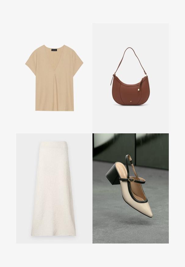 Top bej cu decolteu în formă de V și mâneci scurte. Material ușor, texturat, cu un detaliu de pliuri centrale. Design simplu și lejer.; Fustă din prosop crem, lungime până la genunchi, realizată dintr-un material texturat, având un elastic la talie ribatat și un design lejer, fluid.; Pantof divers în nuanță bej, cu vârf ascuțit, curea de susținere în spate, cu margine neagră, cataramă aurie și toc gros pe un podea gri, cu un fundal verde închis.; Geantă de umăr din piele ecologică maro, cu o formă curbată, cusături minime și un accent din metal auriu. Are un închidere cu fermoar în partea de sus și o curea ajustabilă.