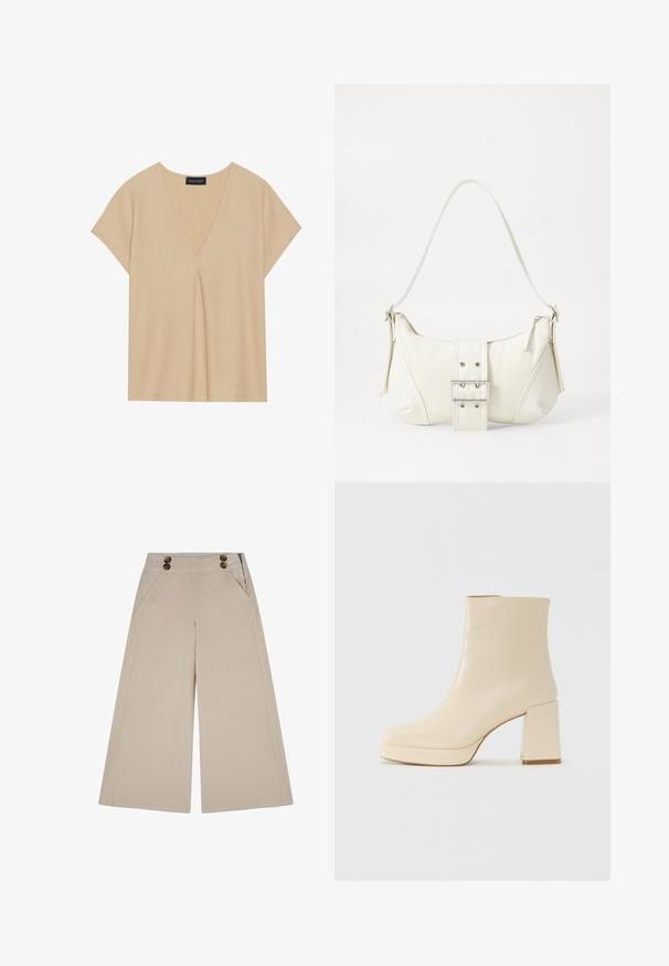 Haut beige avec un col en V et des manches courtes. Tissu léger et texturé avec un détail de pli central. Design simple et détendu.; Pantalons en velours côtelé beiges à jambes larges avec des rayures verticales, deux poches avant et deux boutons à la taille. Texture lisse, coupe décontractée.; Botte chelsea en cuir beige avec un talon bloc et une semelle à plateforme, finition lisse et pointe légèrement carrée, tournée vers la gauche sur un fond blanc.; Sac à épaule blanc avec une finition texturée, une accentuation par une boucle centrale et une forme courbée. Fermetures éclair des deux côtés.