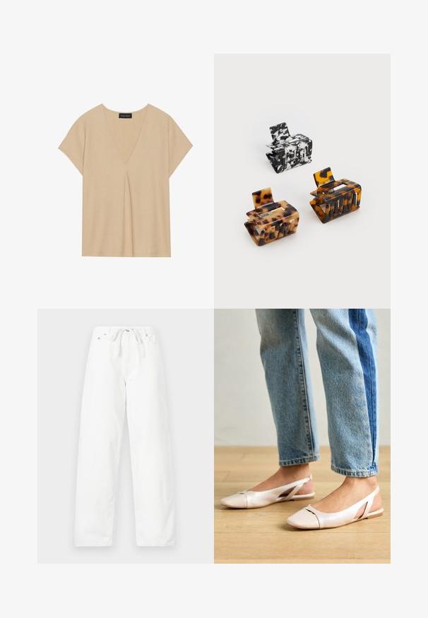 Béžový top s V-výstrihom a krátkymi rukávmi. Ľahká, textúrovaná látka so stredným záhybom. Jednoduchý, voľný dizajn.; Biele široké nohavice vyrobené z denimu, s nastaviteľným pásom a dvoma prednými vreckami, s hladkou textúrou a čistým dizajnom.; Svetloružové slingback baleríny s jemne špicatou špičkou, vyrobené z hladkého materiálu pripomínajúceho kožu. Majú výrezové detaily na stranách a plochý opätok.; Tričko na vlasy: jedno čierno-biele mramorované, dve korytnačie v hnedej a čiernej farbe, všetky vyrobené z lesklého plastu s textúrovaným povrchom.