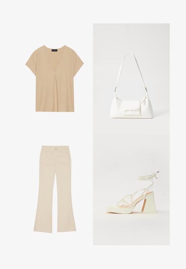 Beige topp med V-urringning och korta ärmar. Lättviktig, strukturerad tyg med centrala veckdetaljer. Enkel, avslappnad design.; Beige utsvängda byxor med hög midja, tillverkade av bomullstyg. Har fram- och bakfickor, bälteshällor och en enda silverspänne.; Vit högklackad sandal med en kraftig klack, med ett remdesign och ankelband. Slät textur med en plattform framtill för ökad höjd.; Vit syntetisk handväska med triangulär form, platt framklaff och rosettdetalj, justerbar rem, slät textur och minimalistisk design.