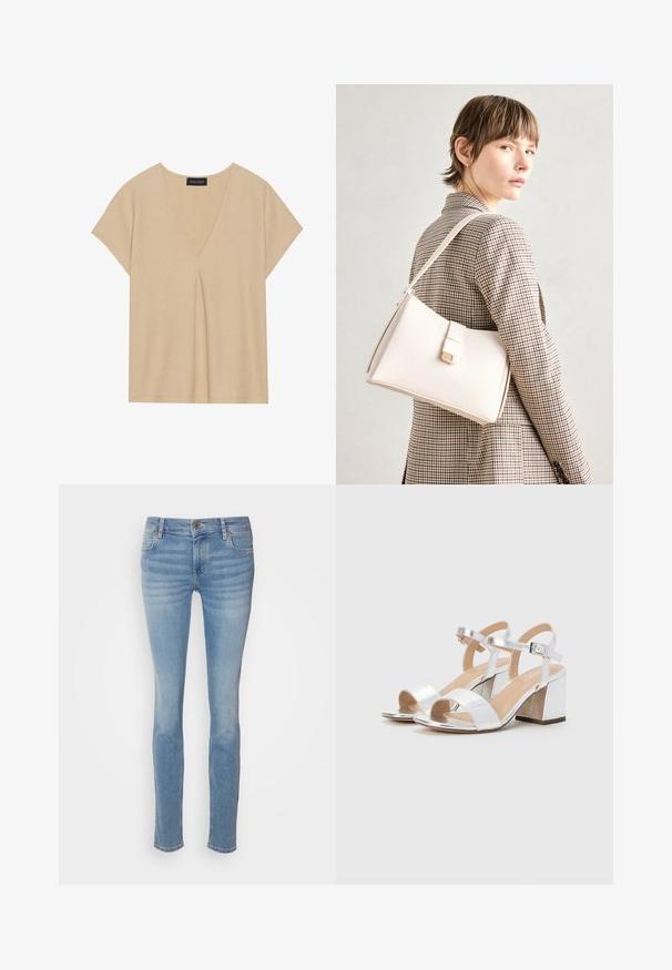 Bežs tops ar V-veida kakla izgriezumu un īsām piedurknēm. Viegls, teksturēts audums ar centrālo krokām. Vienkāršs, relaksēts dizains.; Gaiši zili skinny džinsi no denima, ar klasisku piecu kabatu dizainu, vidēja augstuma jostasvietu un vieglu nodilumu gar kājām.; Sudraba augstpapēžu sandales ar atvērtām pirkstiem, ar divām platām siksnām un noapaļu blokpapēdi. Gluda tekstūra ar metalizētu apdari.; Balta ādas rokassoma ar strukturētu dizainu, kurai ir magnētiska aizdare un plecu josta, parādīta uz neitrāla fona.