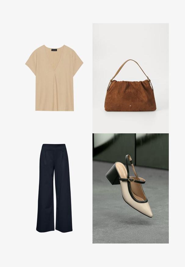 Beige színű, V kivágású, rövid ujjú felső. Könnyű, texturált anyag középső pliszével. Egyszerű, laza kivitel.; Bő szárú nadrág rugalmas sötétkék anyagból, sima derékkal és két elülső zsebbel, laza szabással és teljes hosszúságú kialakítással.; Beige, hegyes orrú, pántos cipő fekete díszítéssel, arany csattal és vastag blokk sarokkal, szürke padlón, sötétzöld háttér előtt.; Barna velúr kézitáska, gyűjtött kialakítással, egyetlen világosbarna bőrszíjjal és egy diszkrét arany logós részlettel az elején.