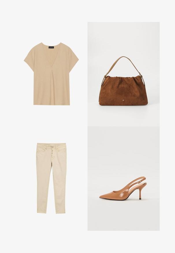 Beiger Oberteil mit V-Ausschnitt und kurzen Ärmeln. Leichter, strukturierter Stoff mit einem zentralen Faltendetail. Einfaches, lockeres Design.; Beige Baumwoll-Skinny-Jeans mit einem Fünf-Knopf-Verschluss, Fronttaschen und dezenten Stickdetails. Glatte Textur und taillierte Passform.; Spitz zulaufender Slingback-Absatz aus einem glatten, glänzenden, tanfarbenen Material. Mit einem geschwungenen Ausschnitt-Design und einem schlanken Stiletto-Absatz. Silberne Schnallendetails.; Braune Wildlederhandtasche mit einem gerafften Design, ausgestattet mit einem einzelnen hellbraunen Ledertragegurt und einem subtilen goldenen Logo-Detail auf der Vorderseite.