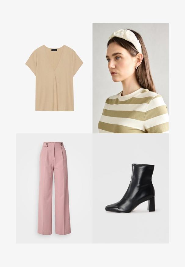 Béžový top s V-výstrihom a krátkymi rukávmi. Ľahká, textúrovaná látka so stredným záhybom. Jednoduchý, voľný dizajn.; Ružové nohavice s širokým strihom a hladkou textúrou, s vysokým pásom, dvomi gombíkmi na vrchu a skladmi behúcimi pozdĺž prednej časti.; Čierne kožené členkové topánky s špicatou špičkou a štruktúrovaným blokovým podpätkom. Hladká textúra s elegantným, minimalistickým dizajnom.; Krémová čelenka s vypchatím a vzorom vrkoča, skombinovaná s béžovo-bielym pruhovaným tričkom s okrúhlym výstrihom. Nápadné doplnky z jemného šperku.