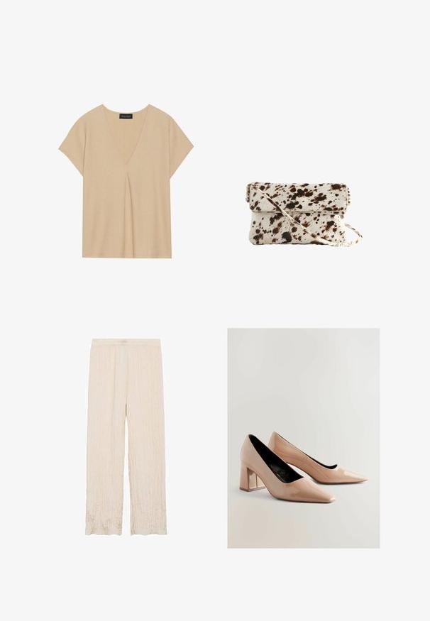 Beige top med V-hals og korte ærmer. Letvægts, struktureret stof med central plissédetalje. Enkel, afslappet design.; Lys beige plisserede bukser med elastisk talje, der har et bredt ben-design og en blød, struktureret stoffinish.; Nude patentlæder pumps med blokhæle, spidse tå og en skinnende finish. Har en glat tekstur og en mellemhøj, kvadratisk hæl.; Cowhide taske med en cremet base og mørkebrune pletter, rektangulær form, fold-over læbe og en aftagelig skulderrem.